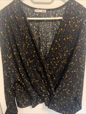 Dex Black Floral Wrap Blouse with Mustard and White Speckle Print